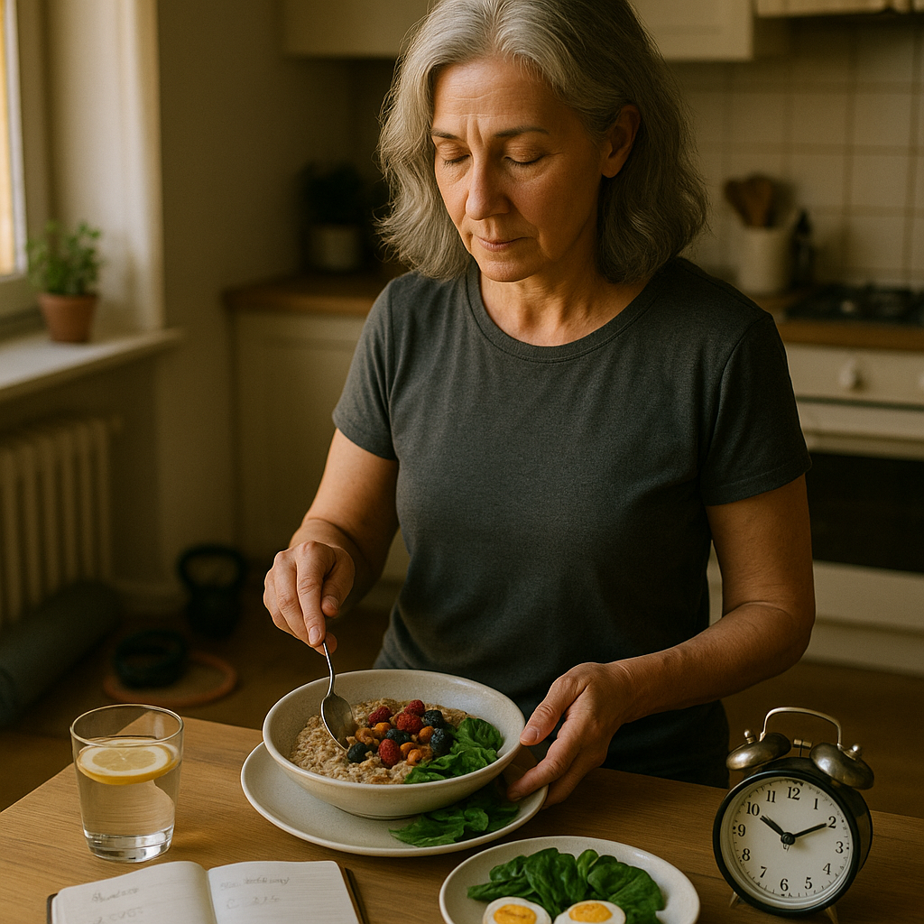 Candid morning scene of a gray-haired adult in their 60s preparing a wholesome breakfast
