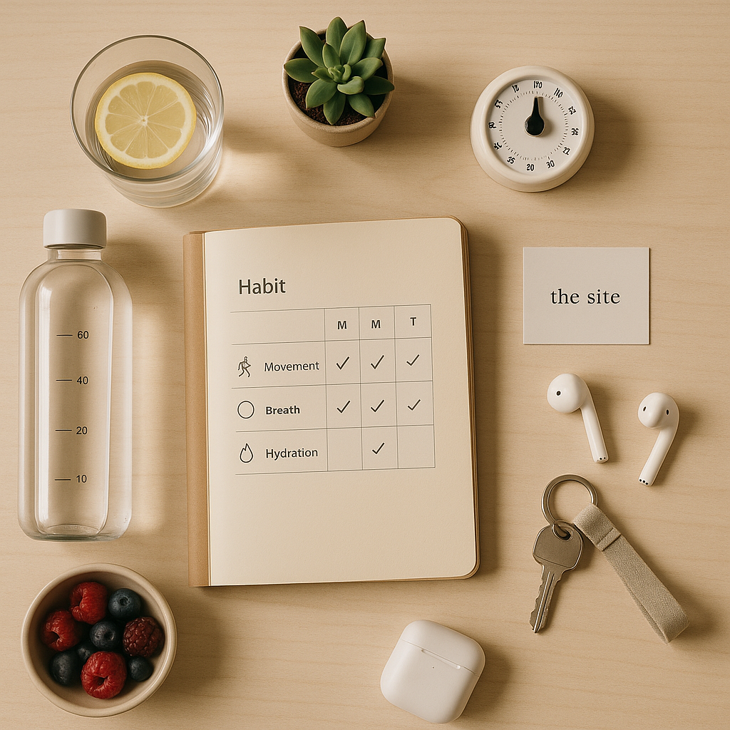 Minimalist flat-lay photo of a simple wellness routine: notebook with icon habit tracker, water