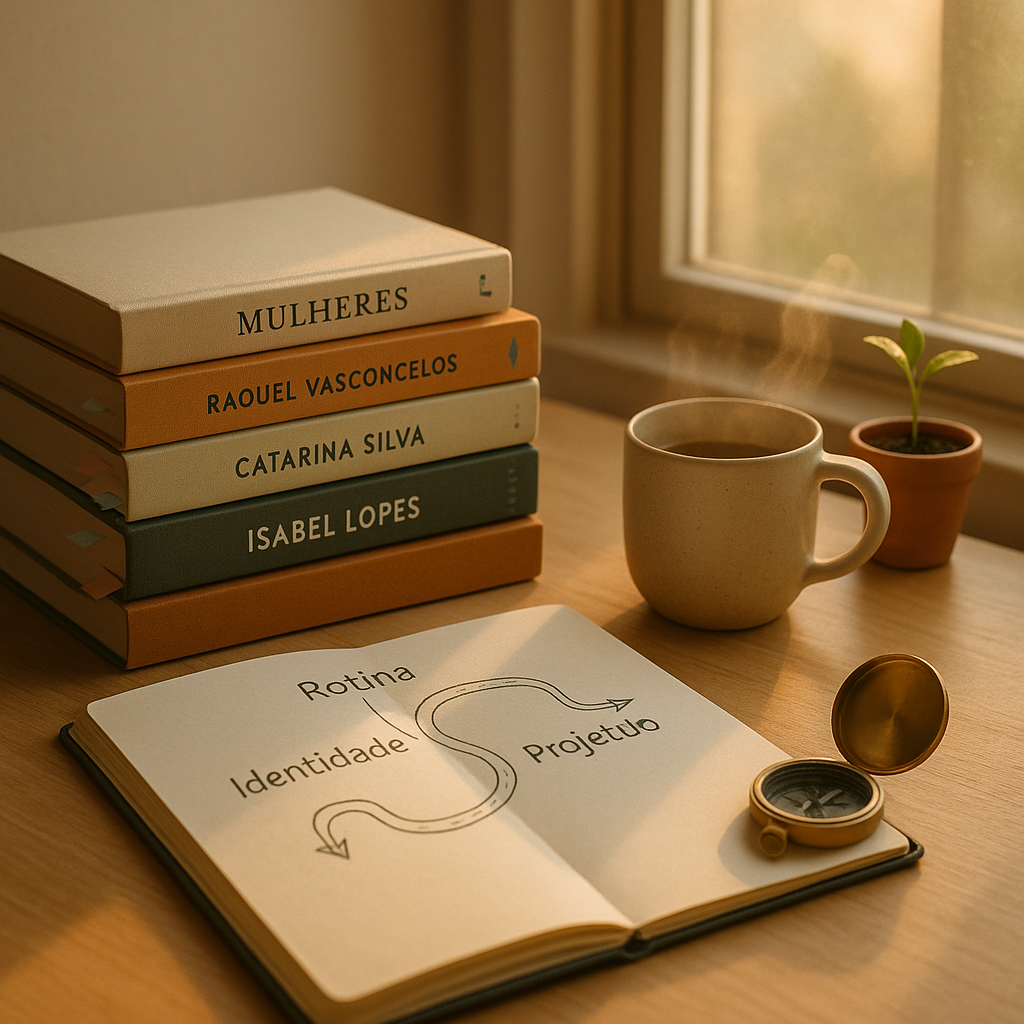 Mesa de madeira ao nascer do sol com pilha de livros em português de