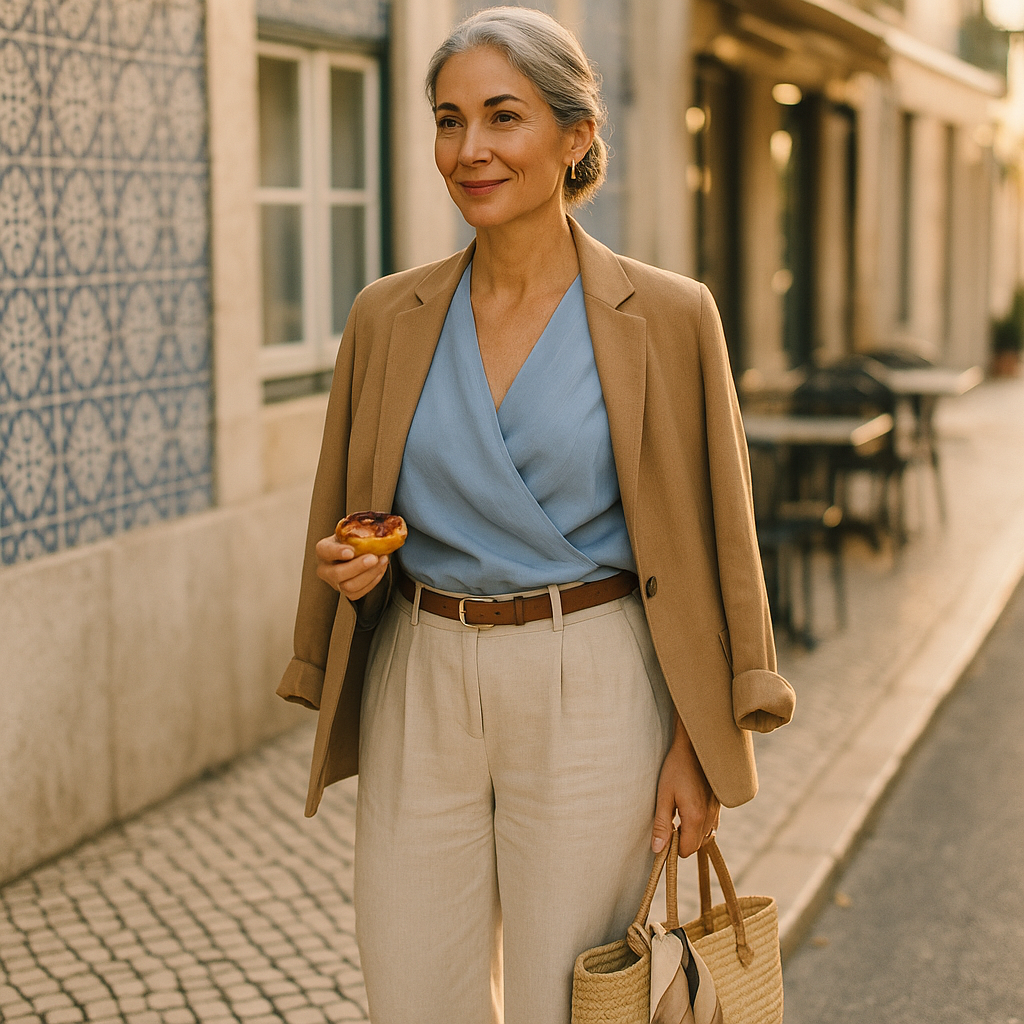 Mature woman in Lisbon wearing cream linen trousers, a blue wrap blouse, and a